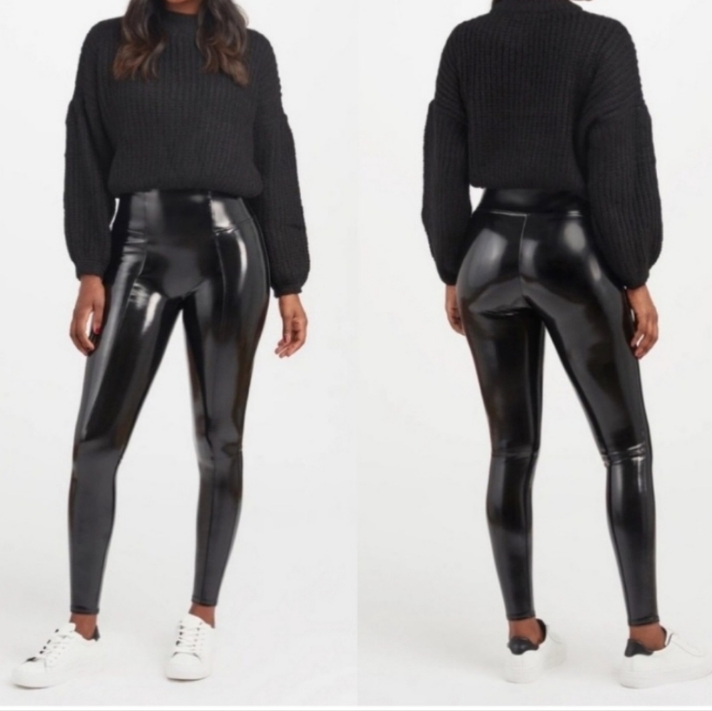 SPANX Faux Patent Leather Leggings In Black Size LT Tall EPC